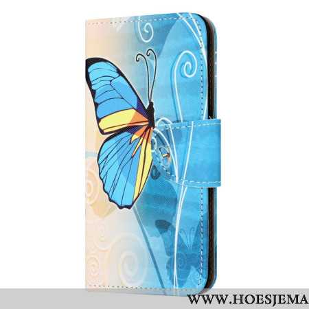 Flip Case Leren Samsung Galaxy A55 5g Gele En Blauwe Vlinder