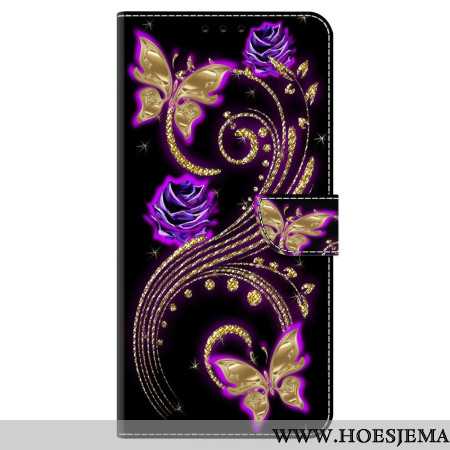 Flip Case Leren Samsung Galaxy A55 5g Violette Bloemen En Vlinders