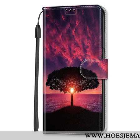 Leren Hoesje Samsung Galaxy S24 5g Zwarte Boom Bij Zonsondergang Met Riem Bescherming Hoesje