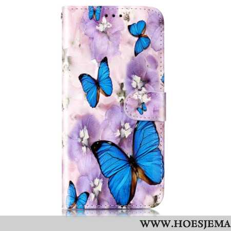 Leren Hoesje Samsung Galaxy S24 5g Paarse Bloemen En Vlinders Met Riempje Bescherming Hoesje