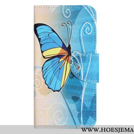 Flip Case Leren Samsung Galaxy S24 5g Blauwe En Gele Vlinder Met Riem