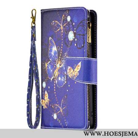 Leren Hoesje Voor Samsung Galaxy S24 5g Portemonnee Met Paarse Vlinders En Riem