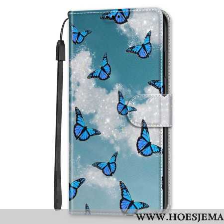 Leren Hoesje Samsung Galaxy S24 5g Witte Wolken En Blauwe Vlinders Met Riem Bescherming Hoesje