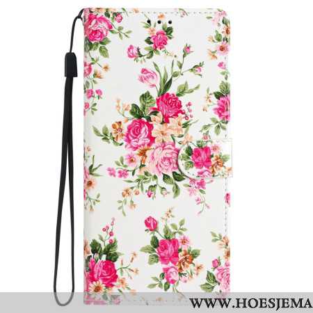 Leren Hoesje Voor Samsung Galaxy S24 5g Rode Bloemen Met Riem