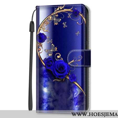 Leren Hoesje Samsung Galaxy S24 5g Blauwe Rozen En Gouden Vlinders Met Riem Bescherming Hoesje