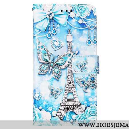 Leren Hoesje Samsung Galaxy S24 5g Eiffeltoren En Vlinders Met Riem Bescherming Hoesje