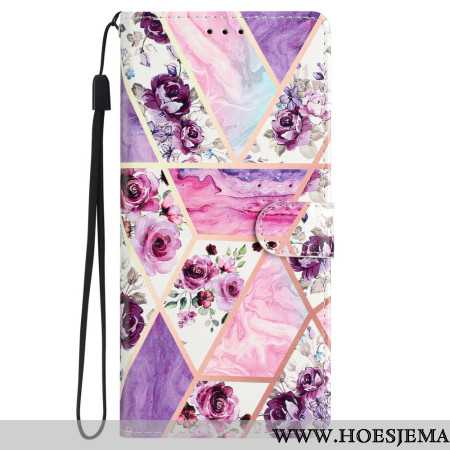 Leren Hoesje Voor Samsung Galaxy S24 5g Marmer Paarse Bloemen Met Riem