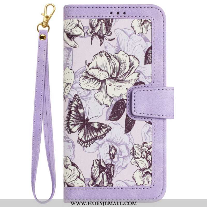 Flip Case Leren Samsung Galaxy S24 5g Artistiek Bloemmotief Met Riempje