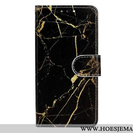 Leren Hoesje Samsung Galaxy S24 5g Zwart En Goud Marmer Met Riem