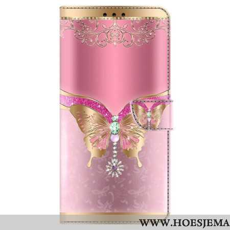 Leren Hoesje Voor Samsung Galaxy S24 5g Roze En Gouden Vlinder