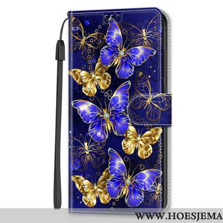 Bescherming Hoesje Samsung Galaxy S24 5g Gouden En Blauwe Vlinders Met Riem