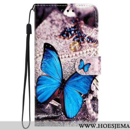 Leren Hoesje Samsung Galaxy S24 5g Blauwe Vlinder Met Riem Bescherming Hoesje