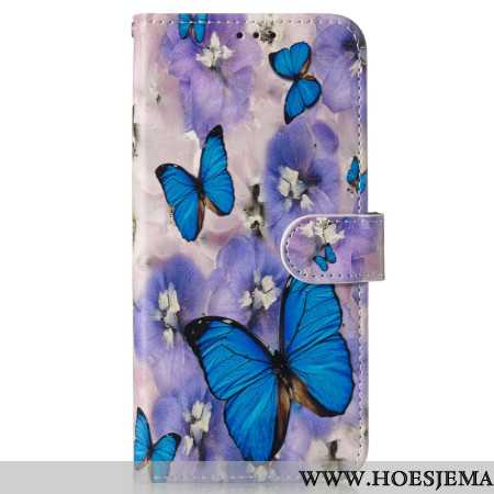 Leren Hoesje Samsung Galaxy S24 Fe Paarse Bloemen En Blauwe Vlinders