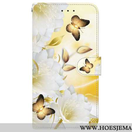 Folio-hoesje Samsung Galaxy S24 Fe Telefoonhoesje Gouden Vlinders En Witte Bloemen