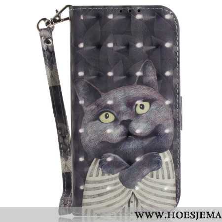 Leren Hoesje Samsung Galaxy S24 Fe Grijze Kat Met Riem Bescherming Hoesje