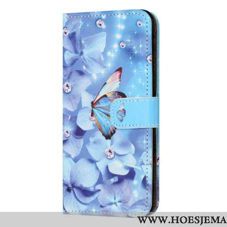 Leren Hoesje Samsung Galaxy S24 Fe Blauwe Bloemen En Vlinders Met Riempje