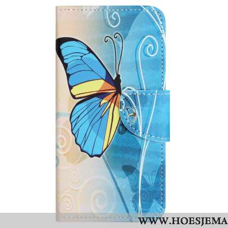 Leren Hoesje Samsung Galaxy S24 Fe Gele En Blauwe Vlinder Bescherming Hoesje