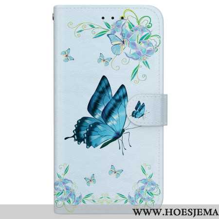 Leren Hoesje Samsung Galaxy S24 Fe Blauwe Vlinder En Bloemen Met Riempje Bescherming Hoesje