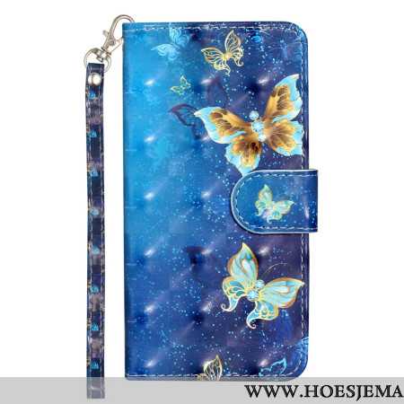 Folio-hoesje Samsung Galaxy S24 Fe Telefoonhoesje Blauwe En Gouden Vlinders Met Riem