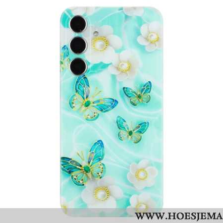 Cover Hoesje Samsung Galaxy S24 Fe Telefoonhoesje Witte Bloemen En Groene Vlinders