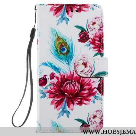 Leren Hoesje Samsung Galaxy S24 Plus 5g Bandje Met Pauwbloemmotief Bescherming Hoesje