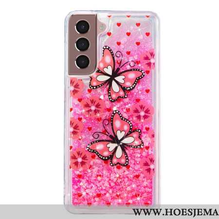 Hoesje Voor Samsung Galaxy S24 Plus 5g Rode Vlinders Vloeibare Glitters