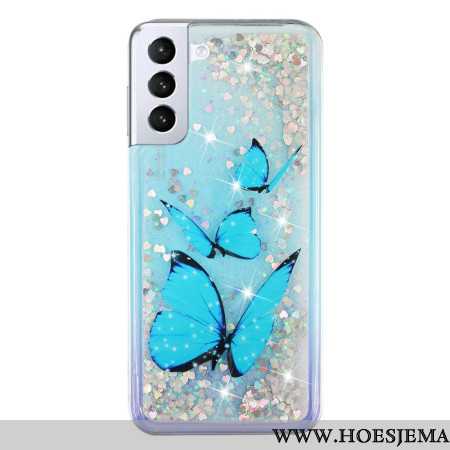 Hoesje Samsung Galaxy S24 Plus 5g Blauwe Vlinders Vloeibare Glitter Bescherming Hoesje