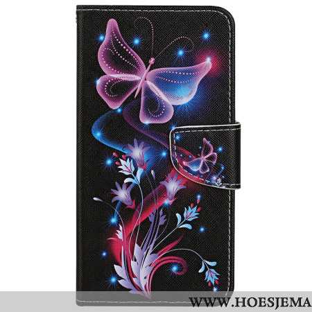 Leren Hoesje Samsung Galaxy S24 Ultra 5g Fluorescerende Vlinders Met Riempje Bescherming Hoesje