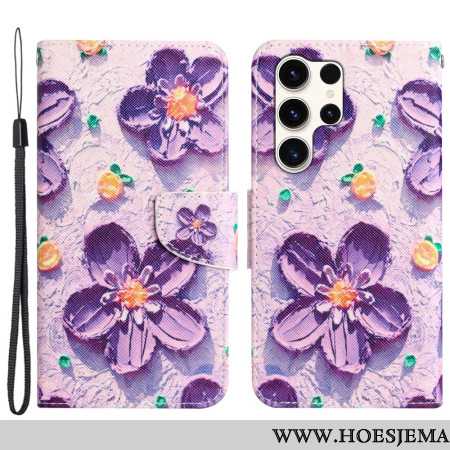 Leren Hoesje Voor Samsung Galaxy S24 Ultra 5g Paarse Bloemen Met Riempje