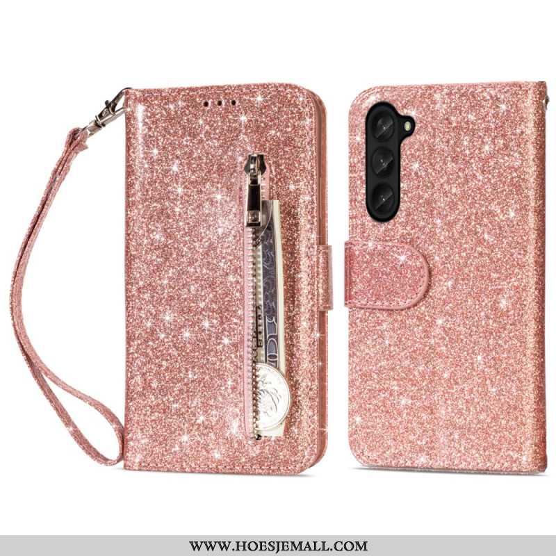 Flip Case Leren Samsung Galaxy Z Fold 5 Glittertasje Met Riempje