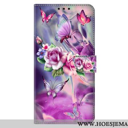 Leren Hoesje Xiaomi 14 Pro Paarse Vlinders En Bloemen