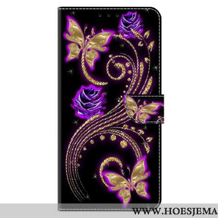 Leren Hoesje Voor Xiaomi 14 Pro Violette Bloemen En Vlinders