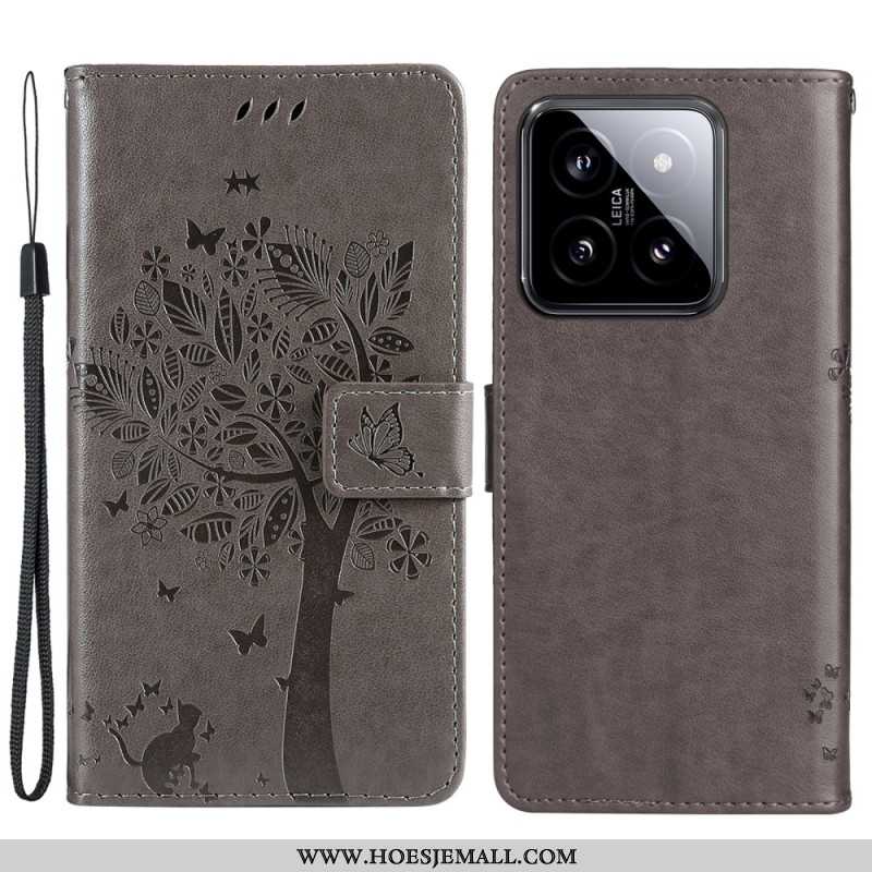 Leren Hoesje Voor Xiaomi 14 Katten- En Leeflijnboom