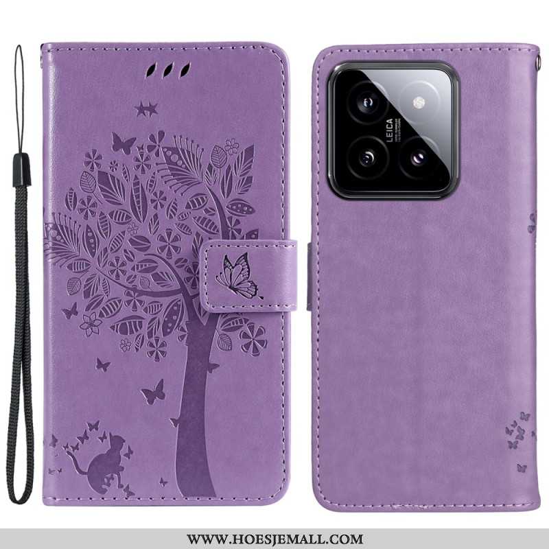 Leren Hoesje Voor Xiaomi 14 Katten- En Leeflijnboom