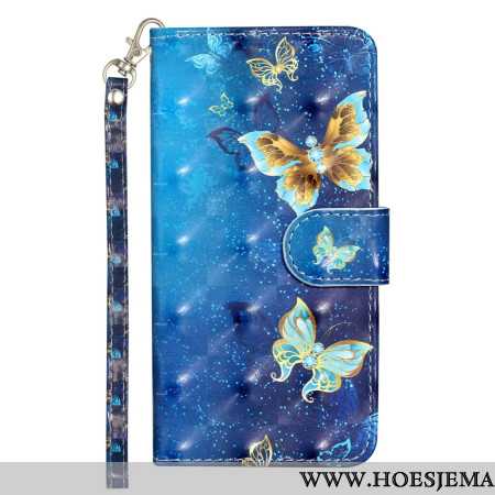 Leren Hoesje Voor Xiaomi 14t Pro Blauwe En Gouden Vlinders Met Riem