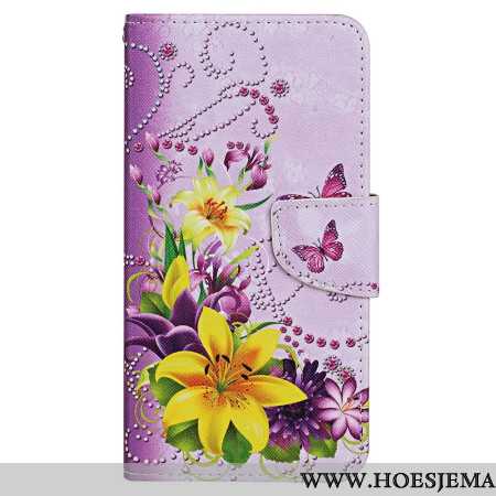 Leren Hoesje Voor Xiaomi Redmi Note 13 4g Bloemen- En Vlinderpatroon Met Riempje