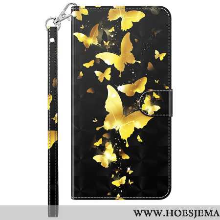 Leren Hoesje Xiaomi Redmi Note 13 4g Gouden Vlinders Met Riem Bescherming Hoesje