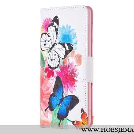 Leren Hoesje Xiaomi Redmi Note 13 5g Twee Aquarelvlinders Bescherming Hoesje