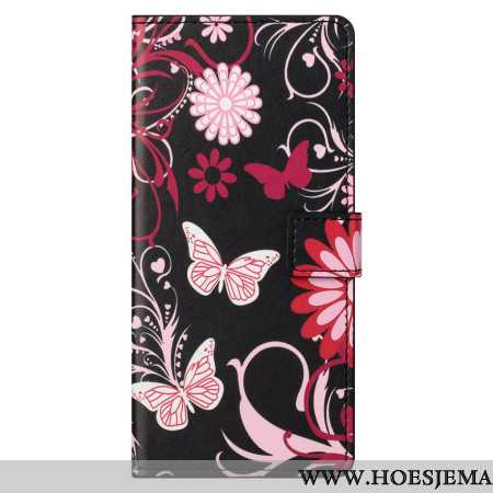 Leren Hoesje Xiaomi Redmi Note 13 5g Vlinders Op Zwarte Achtergrond Bescherming Hoesje