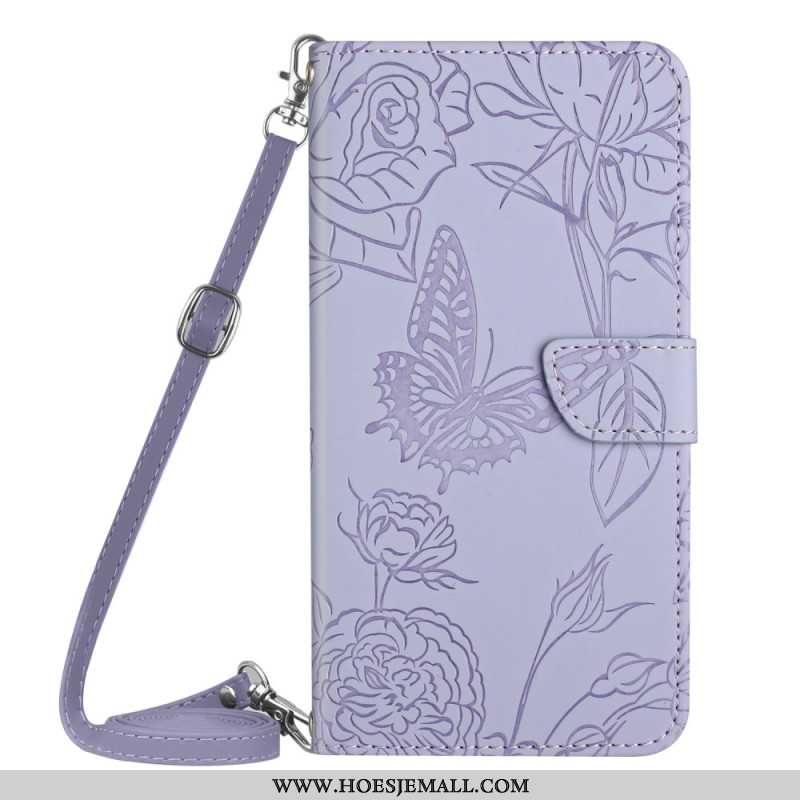 Leren Hoesje iPhone 16 Plus Vlinderprint Met Schouderband