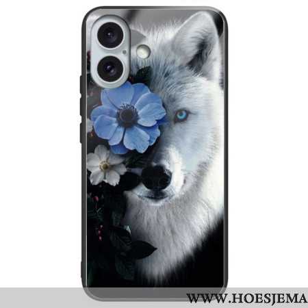 Hoesje iPhone 16 Plus Wolf En Blauwe Bloem Gehard Glas