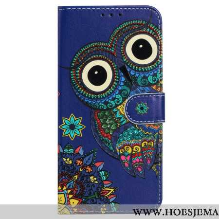 Leren Hoesje Voor iPhone 16 Plus Blauwe Uil Met Riem