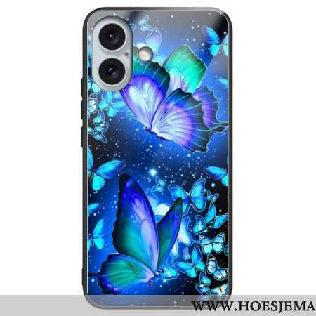 Hoesje iPhone 16 Plus Blauwe Vlinders Van Gehard Glas