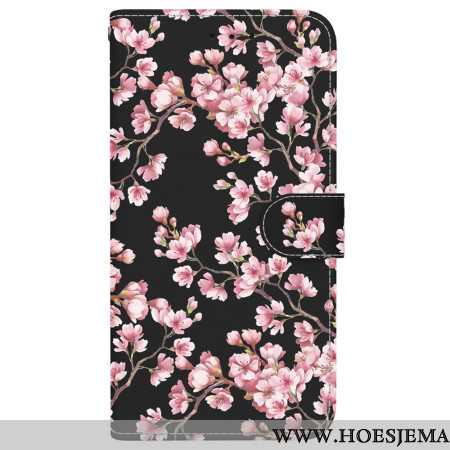 Leren Hoesje Voor iPhone 16 Plus Vastgebonden Pruimenbloesems