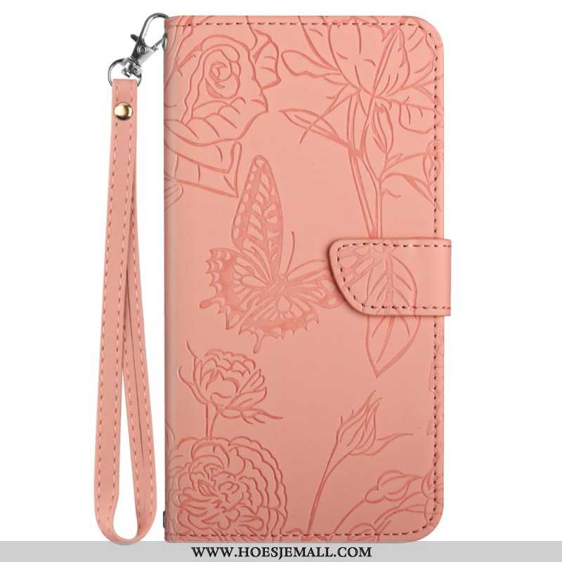 Leren Hoesje iPhone 16 Plus Vlinderprint Met Bandje Bescherming Hoesje