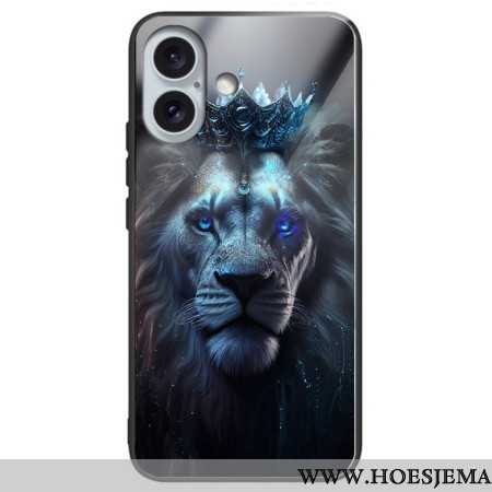 Hoesje Voor iPhone 16 Plus Blauwe Leeuw Gehard Glas