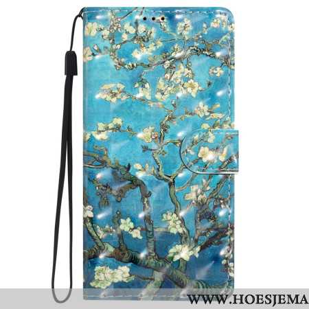 Leren Hoesje iPhone 16 Plus Abrikozenbloemen Met Riempje Bescherming Hoesje