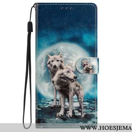 Leren Hoesje iPhone 16 Plus Paar Wolven Met Riemen