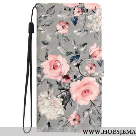 Leren Hoesje Voor iPhone 16 Plus Roze Bloemen Met Riem