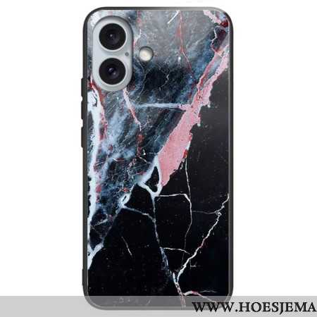 Hoesje iPhone 16 Plus Zwart Marmer Gehard Glas